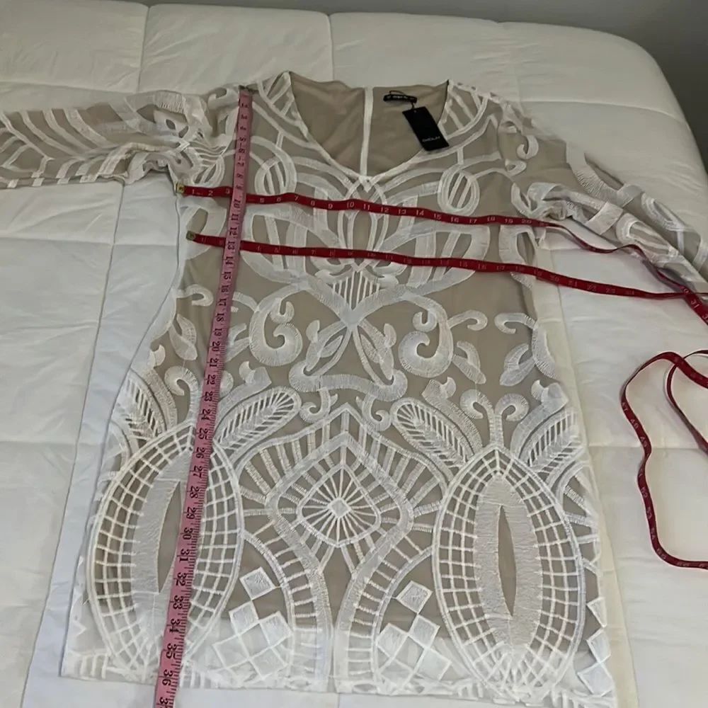 Sheilay Dress Size 3XL Sheer White Embroidered Beige Lining V Neck Long Sleeve - Picture 8 of 9